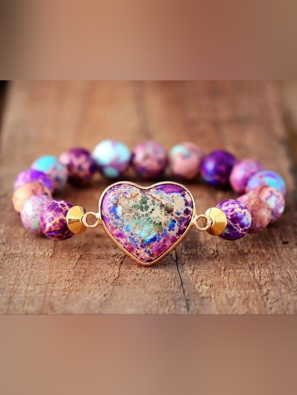 NWOT Gold-Frame Heart Bracelet with Purple and Turquoise Marbled Stone